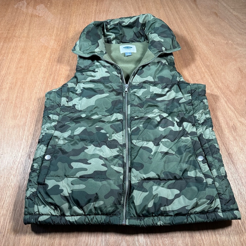 Old Navy Puffer Vest Women Small Green Camo Fleece Lined Quilted Full Zip S